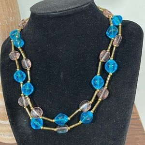 Aqua blue and light purple glass beaded layered necklace